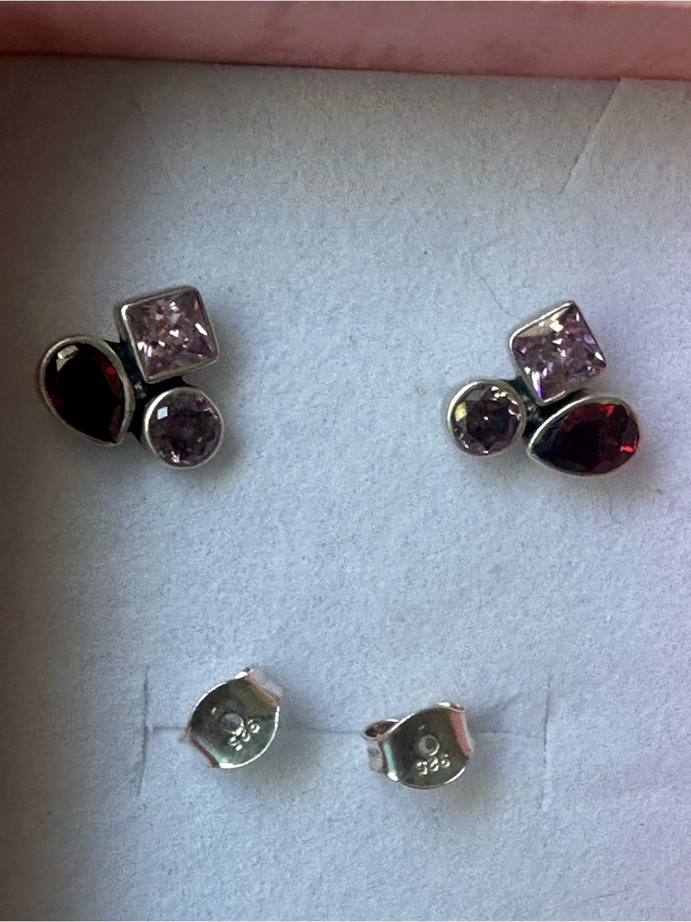 Silpada Sterling Silver 925 Pink and Garnet Trio Stud Earrings very small